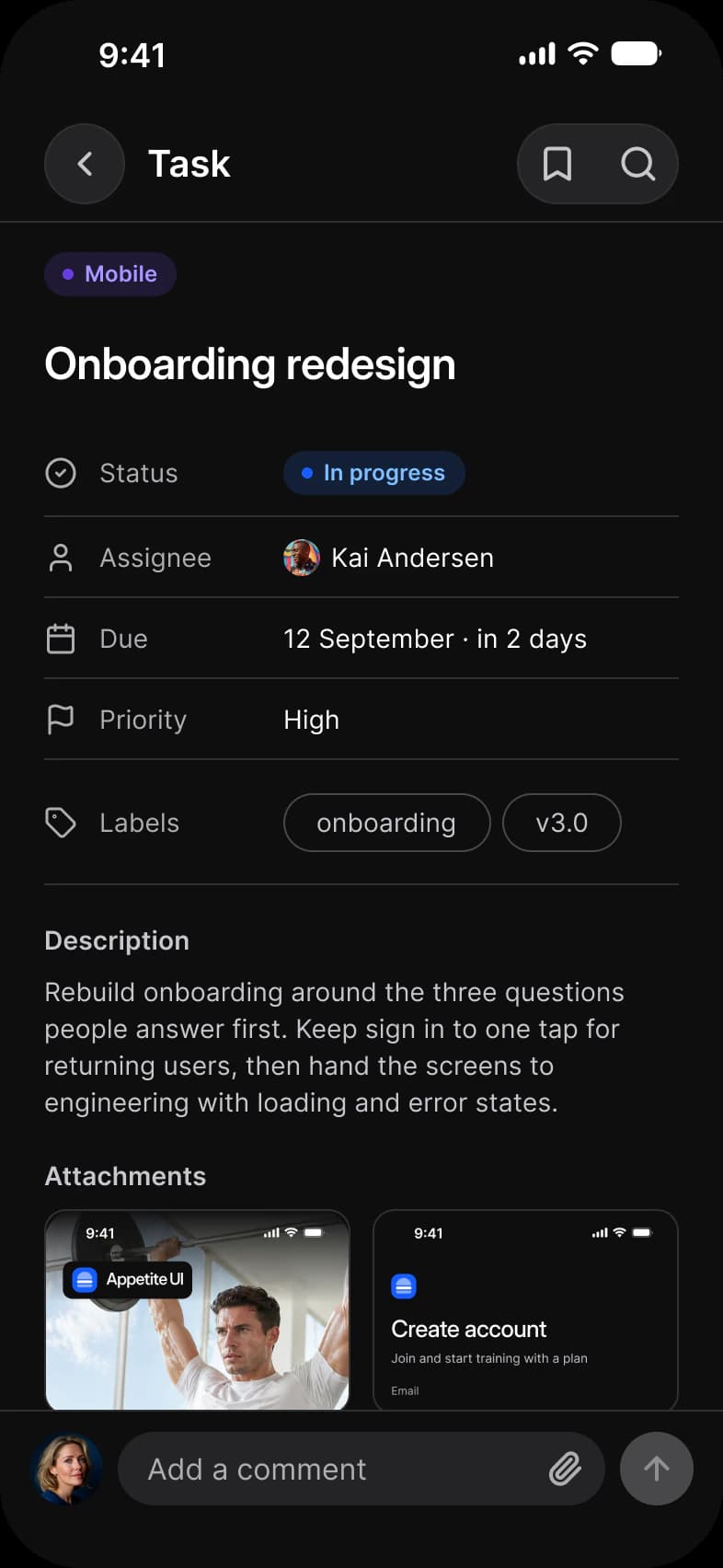 Tasks app Task screen in dark mode: Onboarding redesign with status In progress, assignee Kai Andersen, due 12 September, priority High, onboarding and v3.0 labels, a description, two attachment previews and an Add a comment field