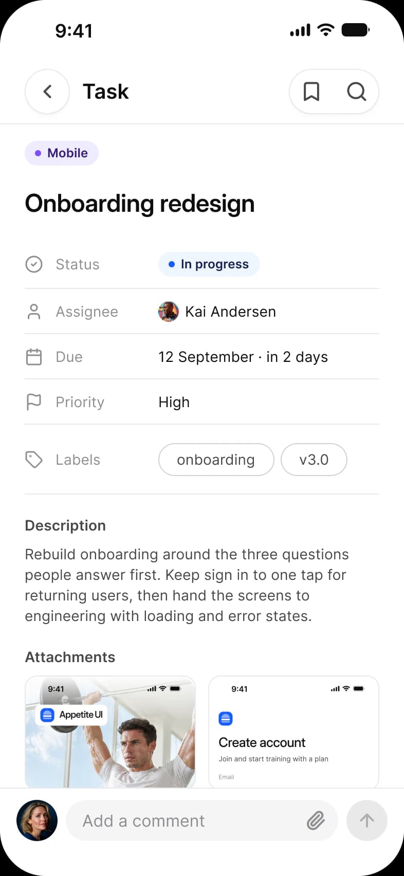 Tasks app Task screen: Onboarding redesign with status In progress, assignee Kai Andersen, due 12 September, priority High, onboarding and v3.0 labels, a description, two attachment previews and an Add a comment field