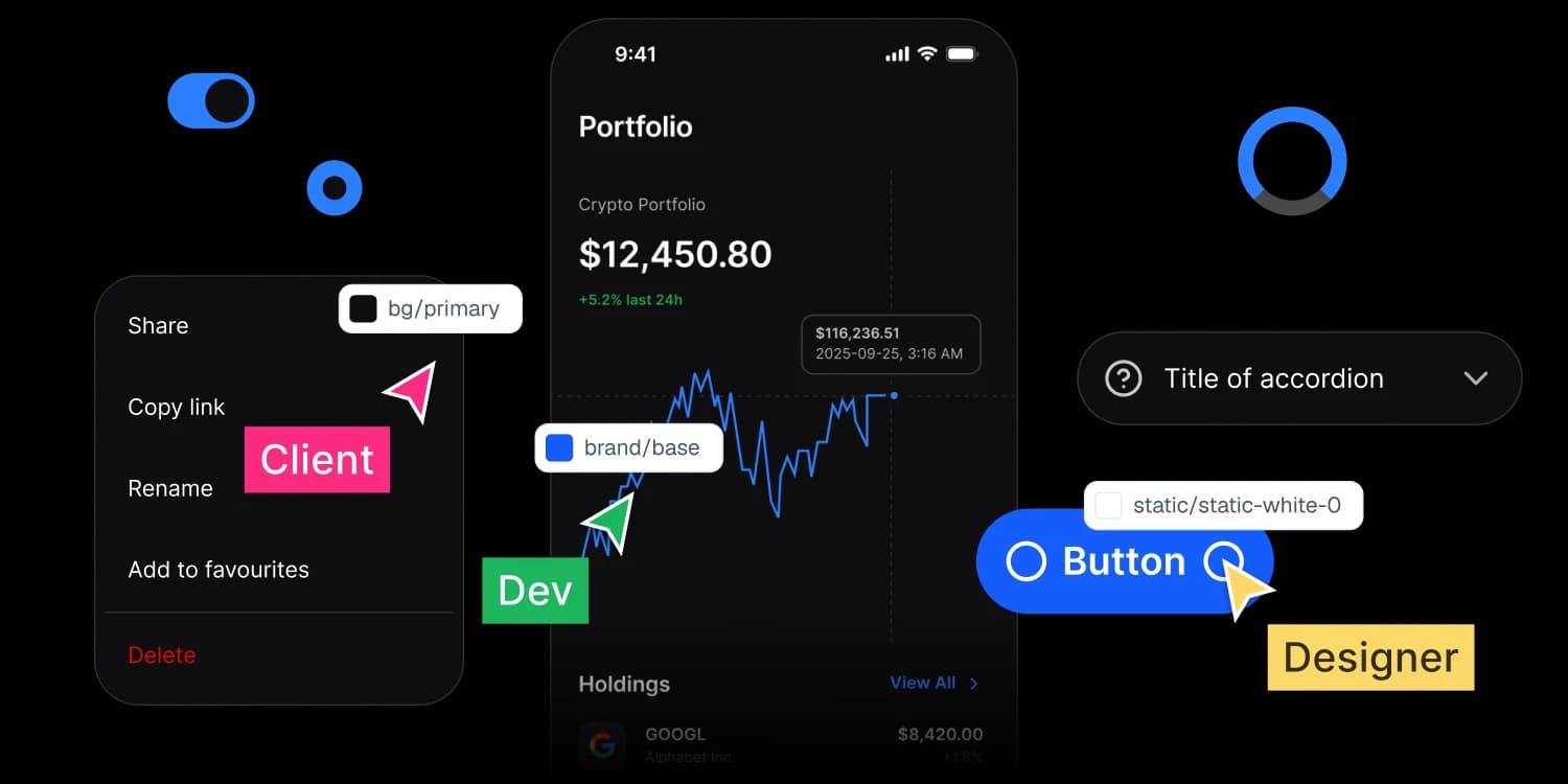 A dark crypto portfolio screen, a context menu, an accordion and a filled button, labeled with the tokens they read: bg/primary, brand/base and static/static-white-0, with the cursors of a client, a developer and a designer