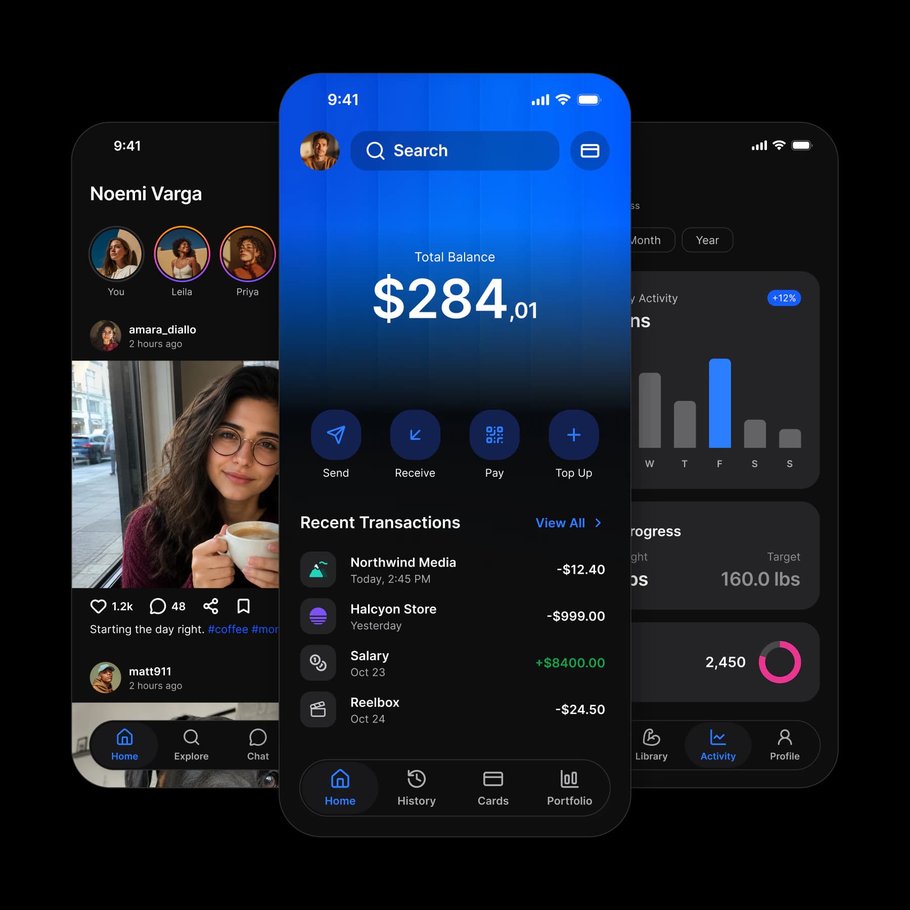 Three dark mode app screens, a social feed, a wallet balance and fitness analytics