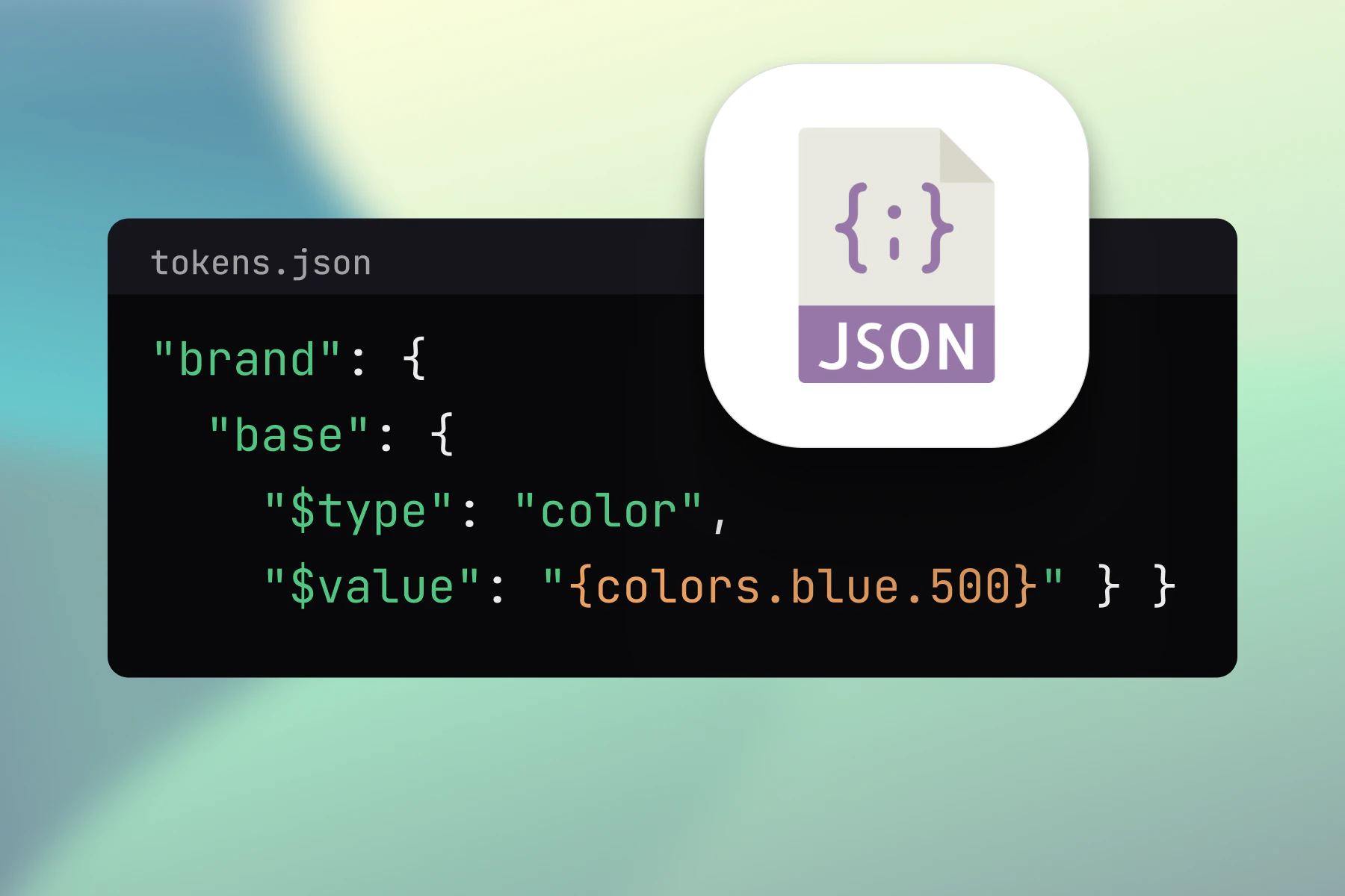 tokens.json beside a JSON file icon: the DTCG token brand.base with its $type set to color and its $value the alias {colors.blue.500}
