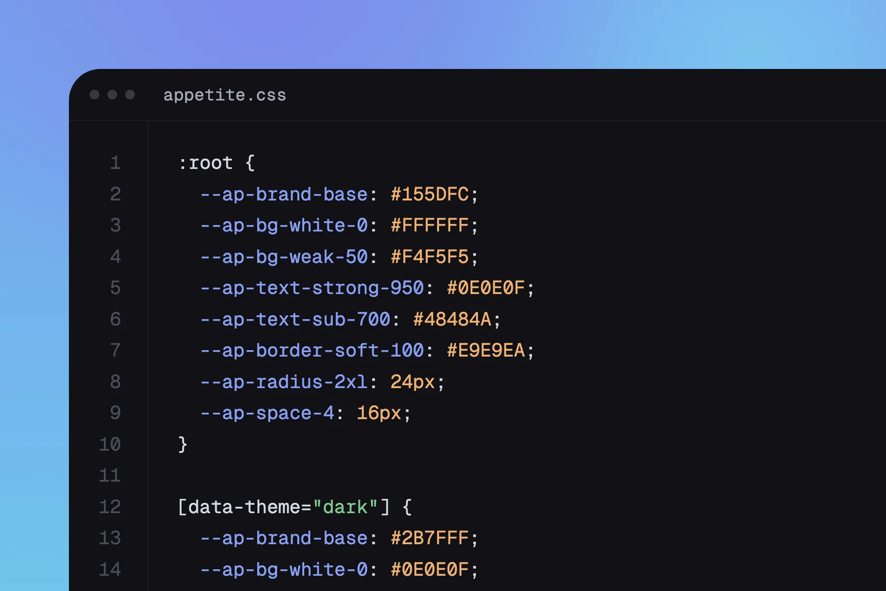 appetite.css, the kit's CSS output: --ap-brand-base #155DFC, the background, text and border colors, --ap-radius-2xl and --ap-space-4, with the dark theme block under them setting --ap-brand-base to #2B7FFF