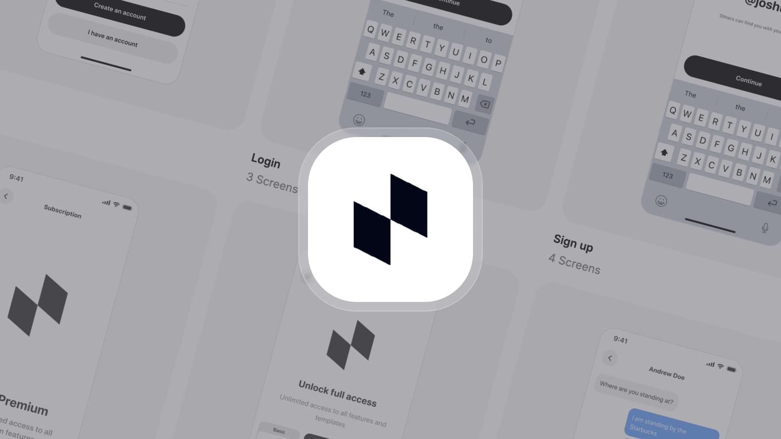 The Dynamic Layer logo in an app icon over greyed-out screens from its kit: login, sign up, a paywall and a chat