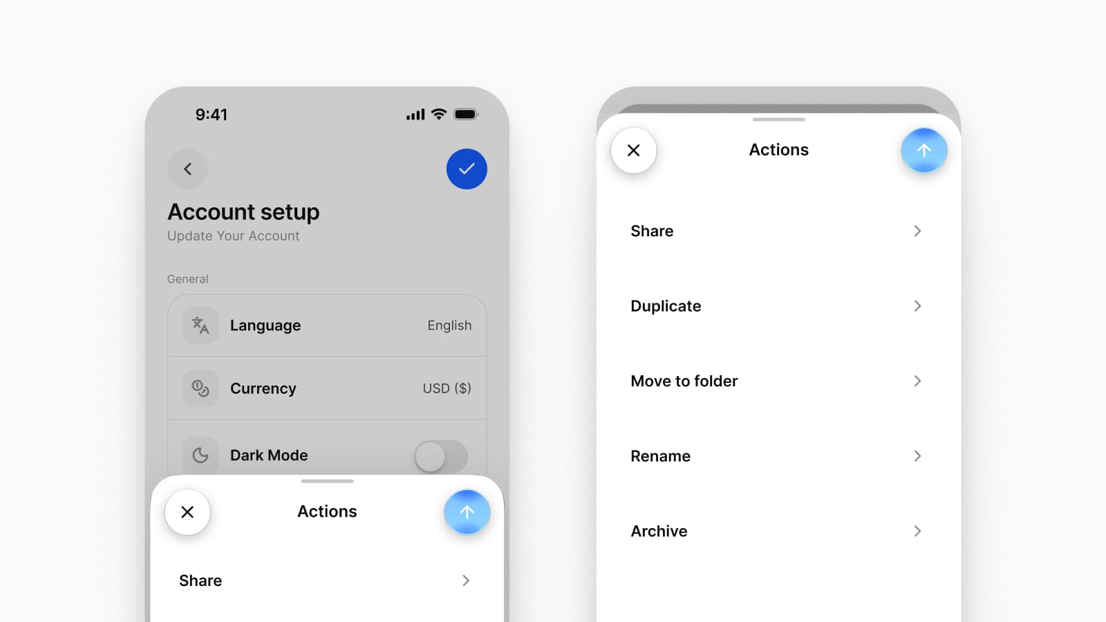 An Appetite UI Actions sheet on iPhone at its medium detent over a dimmed account setup screen, and at its large detent with the screen behind it stepping back