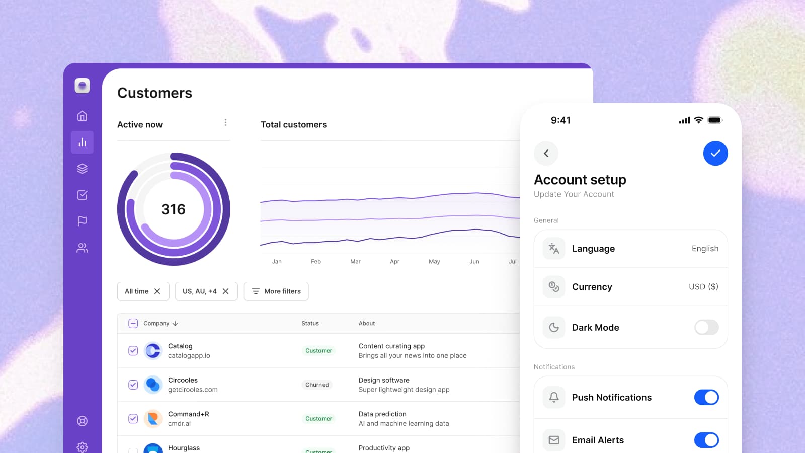 A web app Customers dashboard with a donut chart of active users, a line chart and a company table, and an Appetite UI iPhone account setup screen in front of it