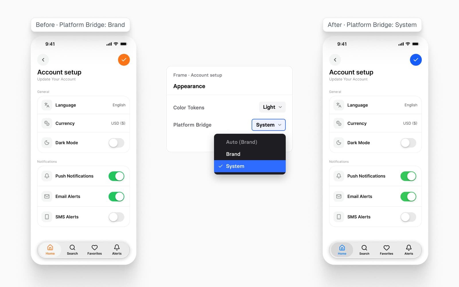 One Appetite UI account setup screen before and after the frame's Platform Bridge mode changes from Brand to System: the orange done button and active tab turn iOS blue, and the Appearance panel between them has the mode menu set to System