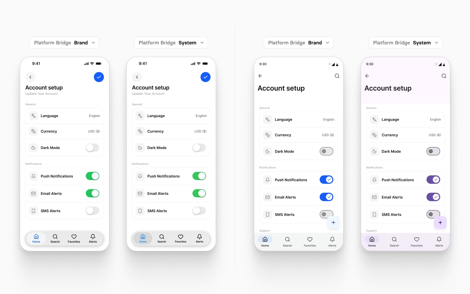 One Appetite UI account setup screen four times, the iOS mirror and the Material 3 mirror, each with its Platform Bridge set to Brand and to System: the Material screen turns purple in System mode