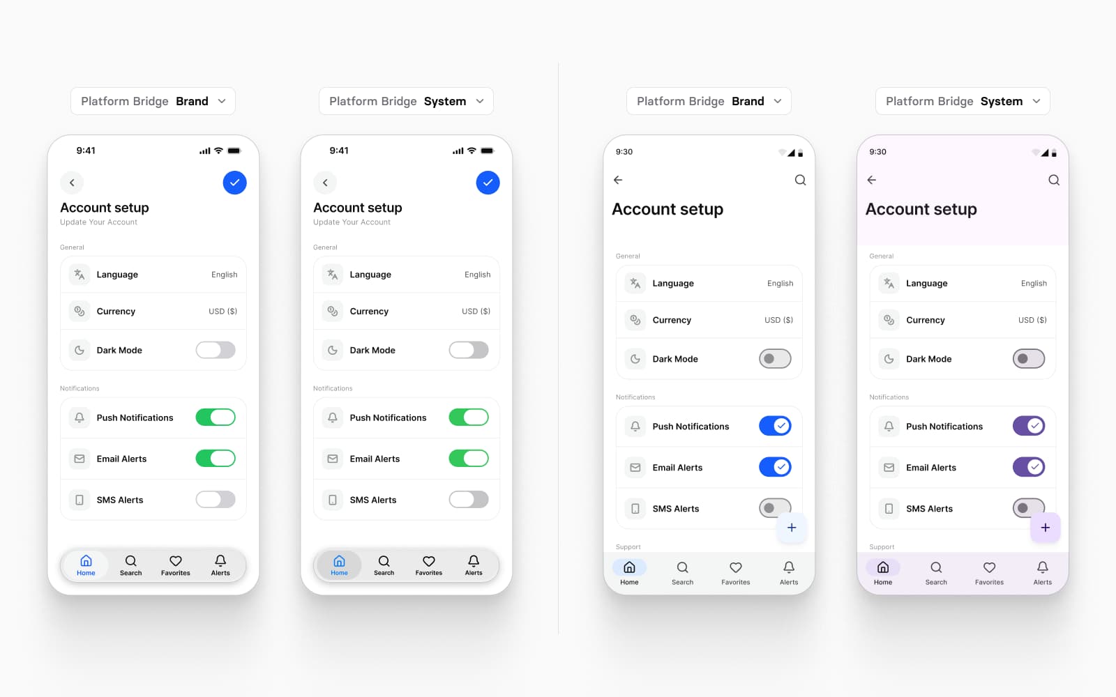 One Appetite UI account setup screen four times, the iOS mirror and the Material 3 mirror, each with its Platform Bridge set to Brand and to System: the Material screen turns purple in System mode