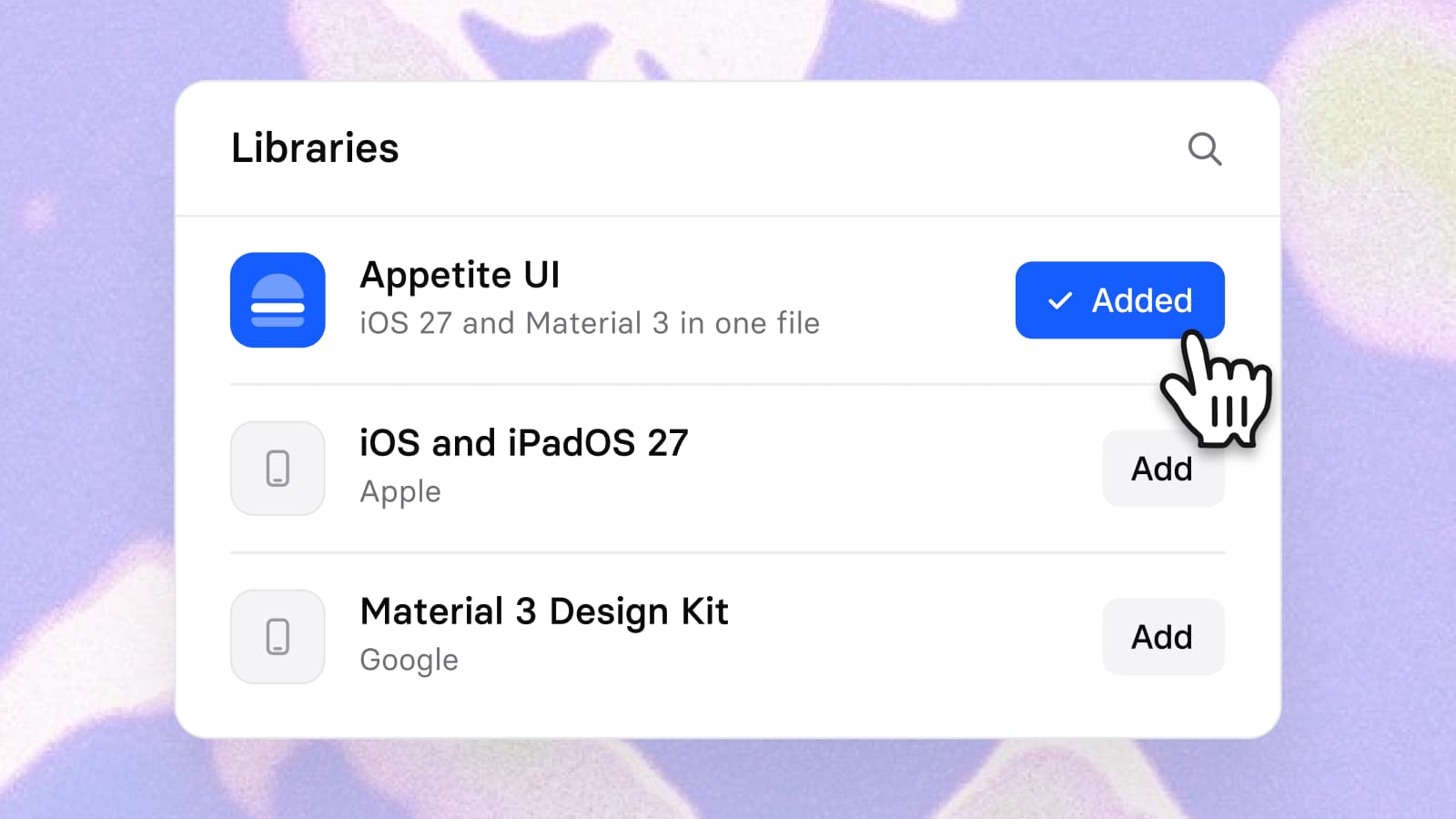 A Figma Libraries panel with Appetite UI 2.5 added next to the Apple and Google kits, beside an Appetite UI food delivery screen