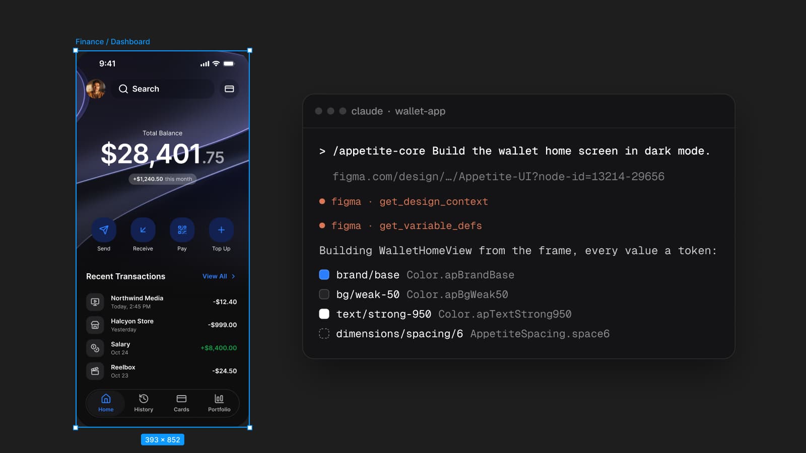 The dark Finance / Dashboard frame in Figma on the left, with its balance, quick actions and recent transactions, and a Claude Code session on the right showing the prompt Build the wallet home screen in dark mode, the pasted frame link and the get_design_context and get_variable_defs calls