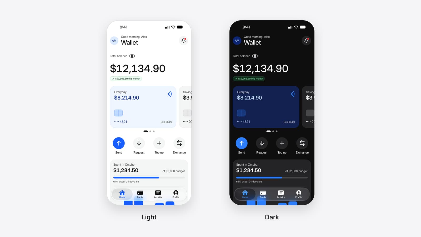 A wallet home screen built in SwiftUI with Appetite UI tokens, running in the iOS 27 simulator twice: in Light with white surfaces and a light blue card, and in Dark with near-black surfaces and a dark blue card