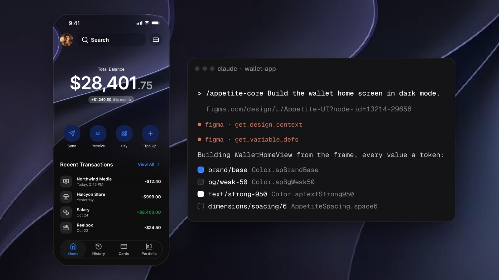 The Appetite UI Finance home screen in dark mode beside a Claude Code session: the prompt Build the wallet home screen in dark mode, a Figma frame link, the get_design_context and get_variable_defs calls, and four tokens with their SwiftUI names, brand/base as Color.apBrandBase, bg/weak-50 as Color.apBgWeak50, text/strong-950 as Color.apTextStrong950 and dimensions/spacing/6 as AppetiteSpacing.space6