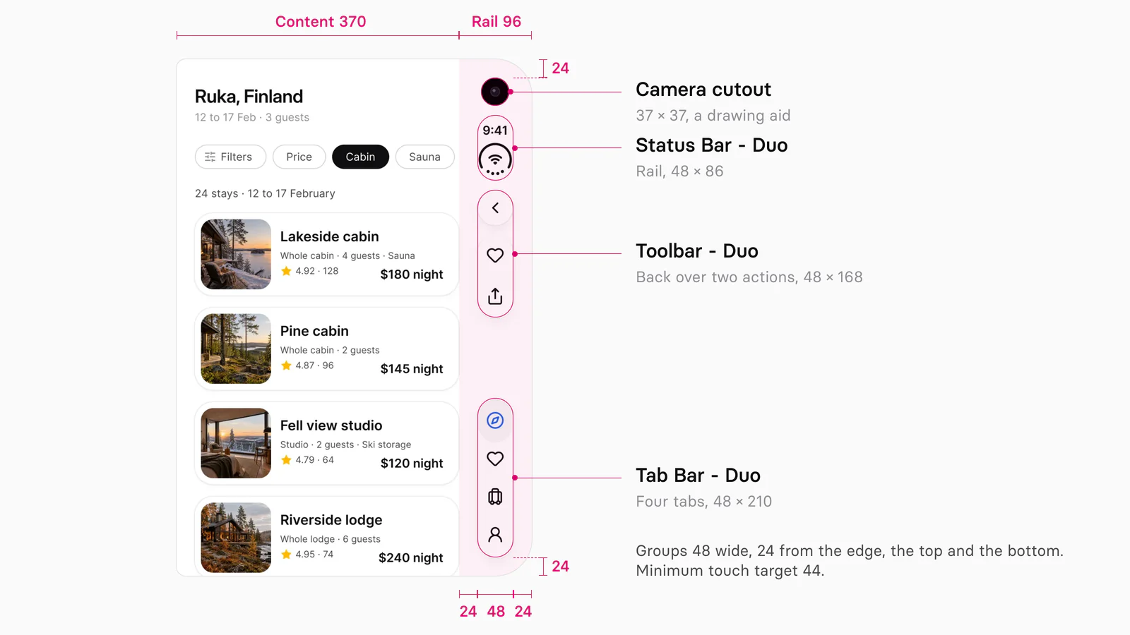The Appetite UI Booking app on the iPhone Duo outer display with magenta redlines on its control rail: content 370 points wide, a rail of 96 split into 24, 48 and 24, groups 24 from the top and bottom, the camera cutout, the status bar at 48 by 86, a back button over a favorite and share capsule at 48 by 168, and a four tab bar at 48 by 210