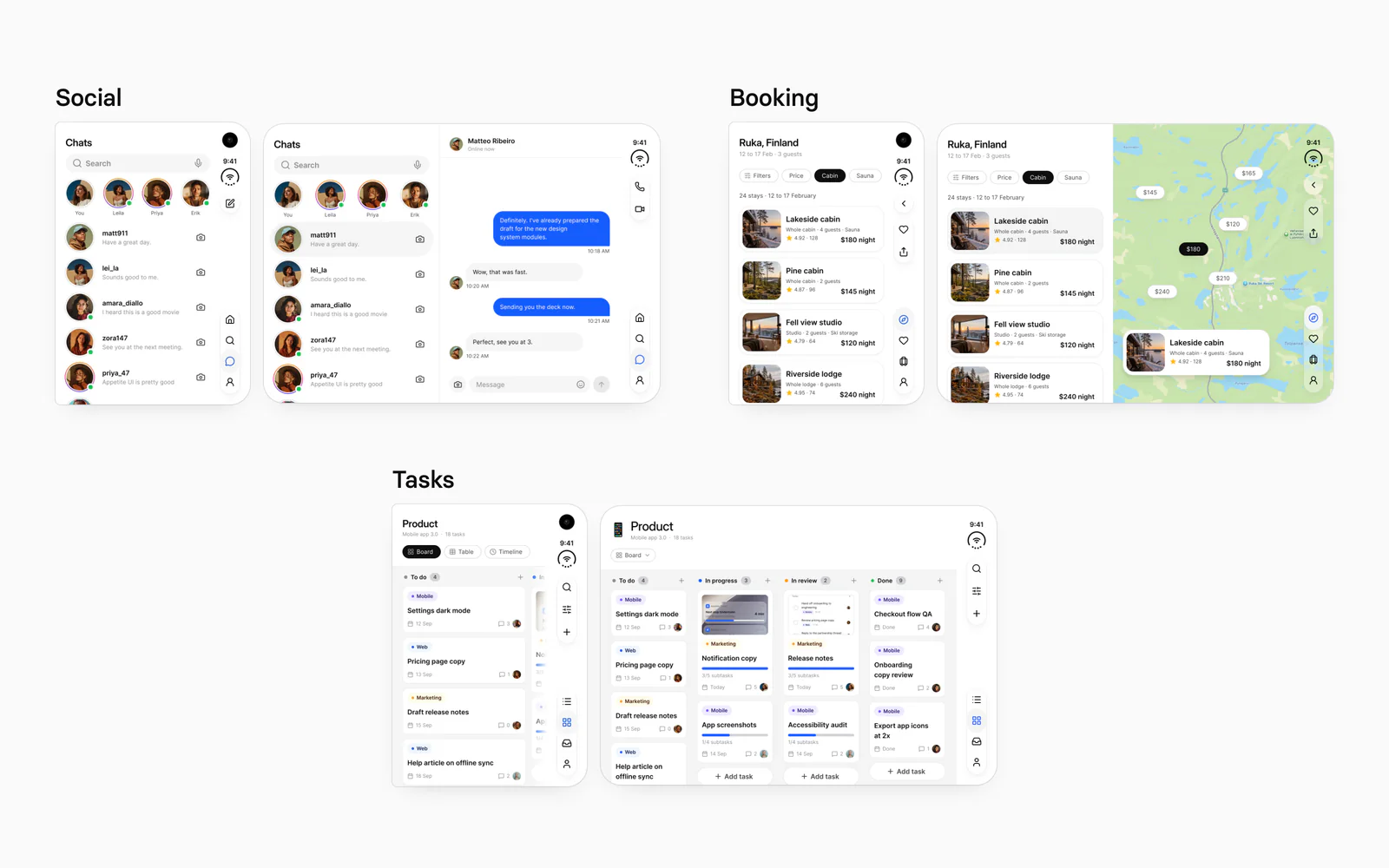Three Appetite UI apps on both iPhone Duo displays at one scale: Social with a chat list outside and the chat list beside a conversation inside, Booking with a list of cabins outside and the list beside a map with price pins inside, and Tasks with a two column board outside and a four column board inside