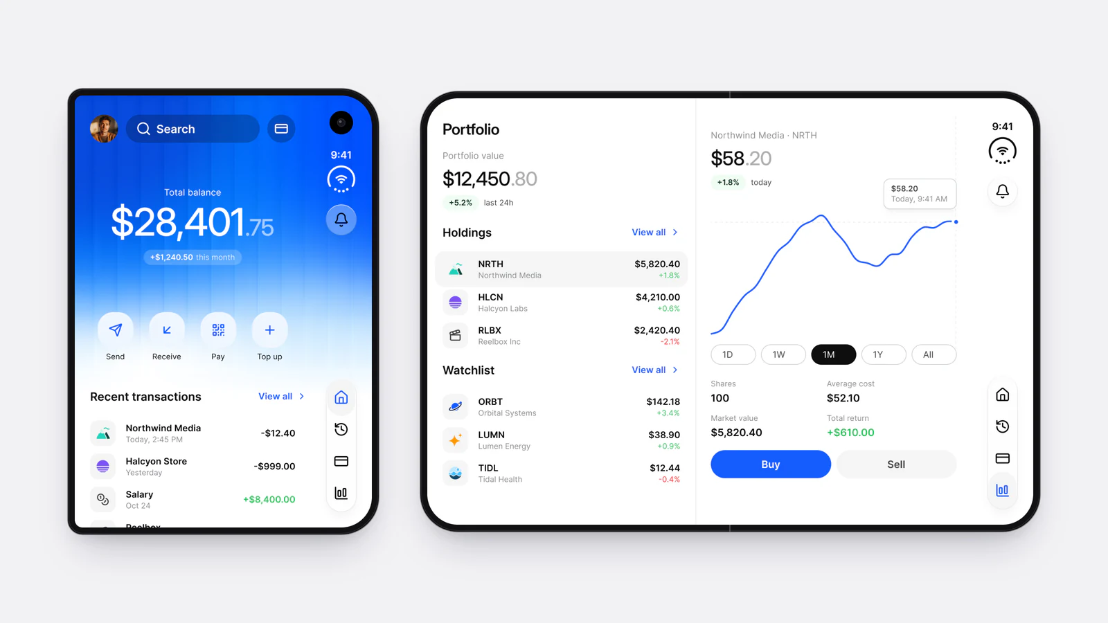 The Appetite UI Finance app on both iPhone Duo displays at one scale: the outer display with a total balance, four quick actions and recent transactions beside a vertical control rail, and the wider inner display with a portfolio list beside a Northwind Media price chart