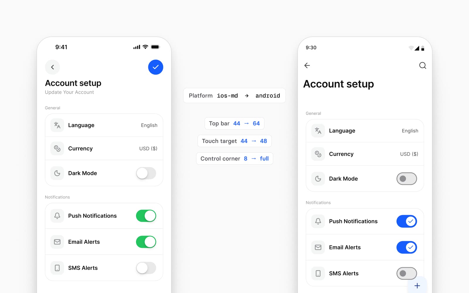 The same Appetite UI account setup screen on the iOS mirror and the Android mirror, with the Platform mode switching from ios-md to android and the three values that change between them: top bar 44 to 64, touch target 44 to 48, control corner 8 to full