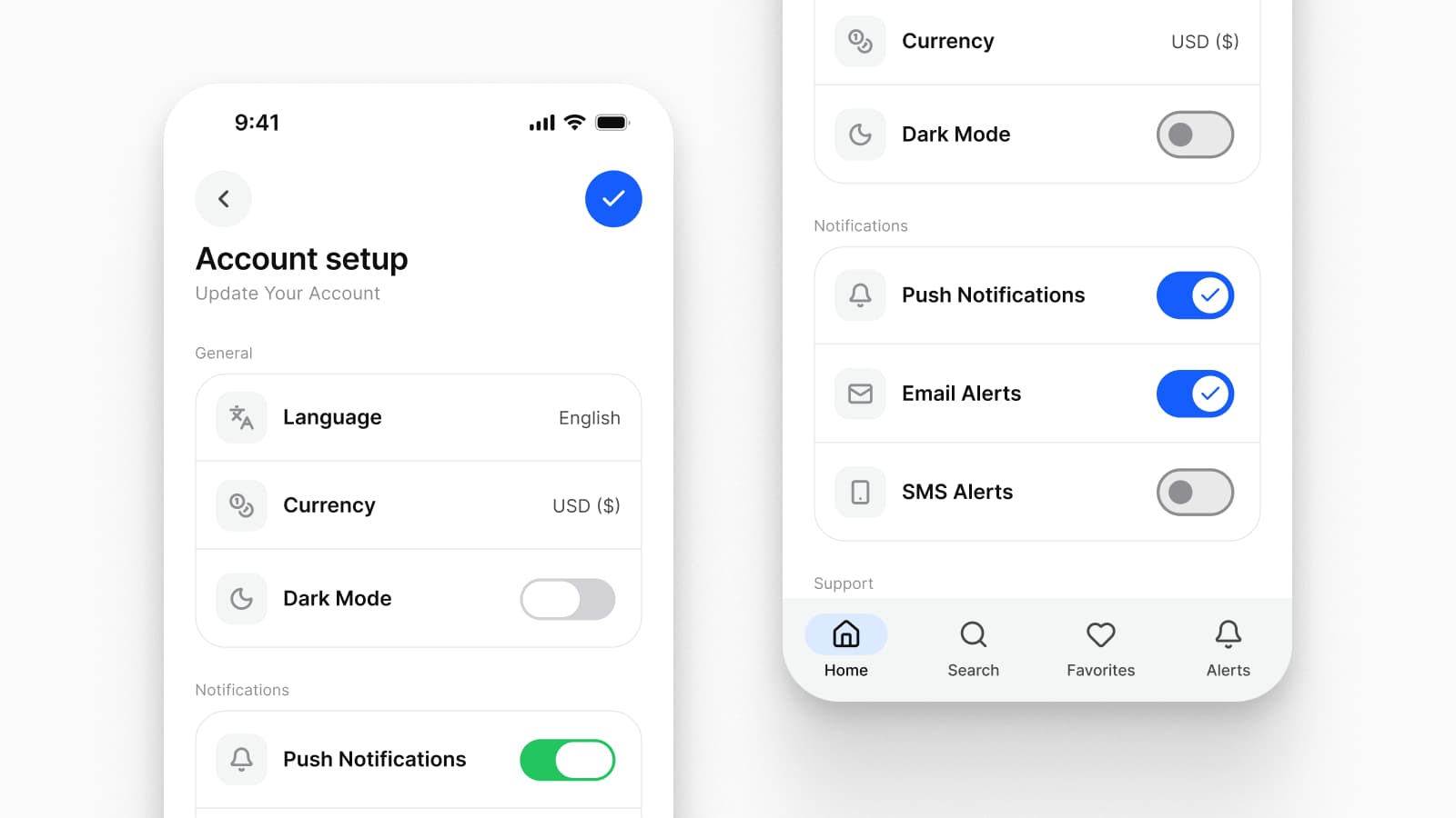 The same account setup screen on both platforms: on iOS a toolbar with an unlabeled back chevron and a filled done button, on Android the lower part of the screen with Material switches and a navigation bar of four destinations