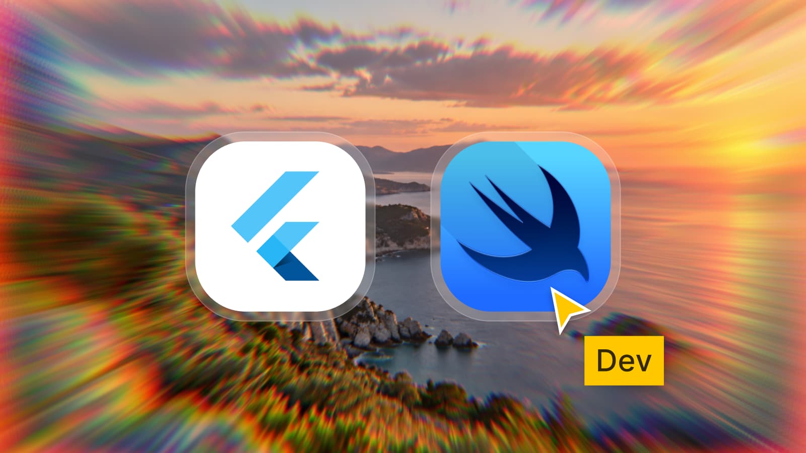 The Flutter and SwiftUI app icons side by side over a blurred sunset coastline, with a cursor labeled Dev pointing at SwiftUI