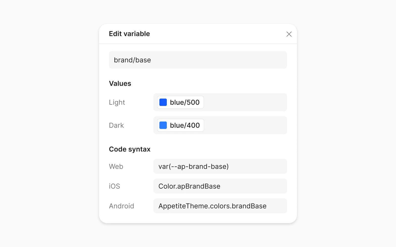 Figma's Edit variable dialog for brand/base: blue/500 in Light and blue/400 in Dark, and the code syntax var(--ap-brand-base) for Web, Color.apBrandBase for iOS and AppetiteTheme.colors.brandBase for Android