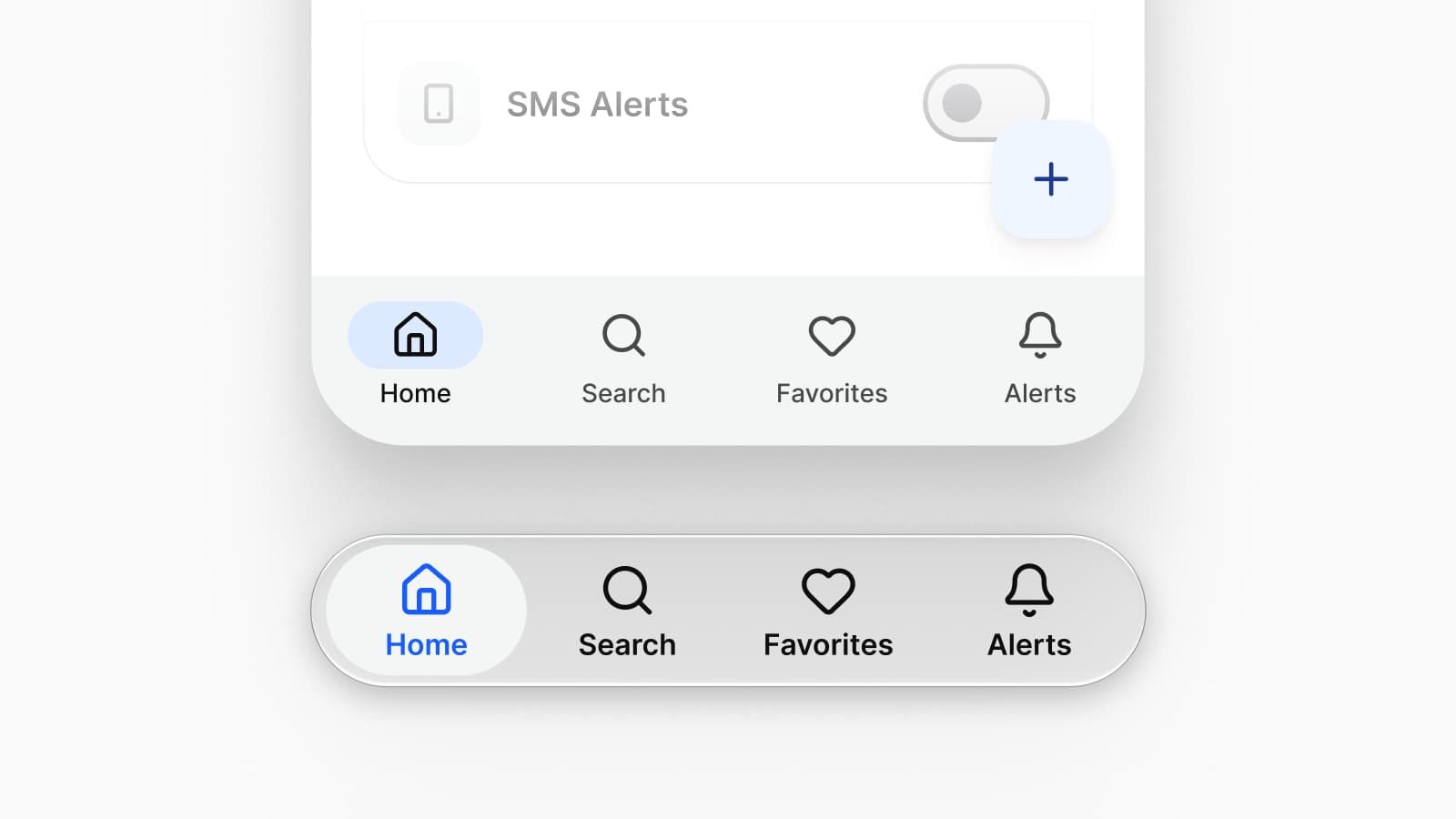 The bottom of one Appetite UI settings screen on both mirrors: the Material 3 navigation bar with a floating action button above it, and the iOS tab bar floating on glass, each with Home, Search, Favorites and Alerts