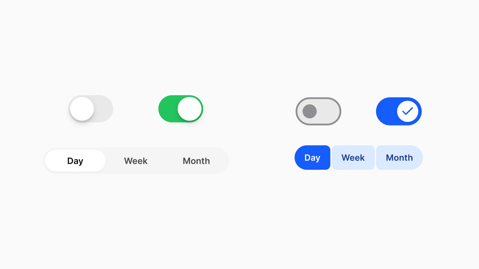 Selection controls from Appetite UI's two mirrors: an iOS switch off and on and a segmented control with Day, Week and Month, beside a Material 3 switch off and on with a check in its handle and a connected button group with the same three choices