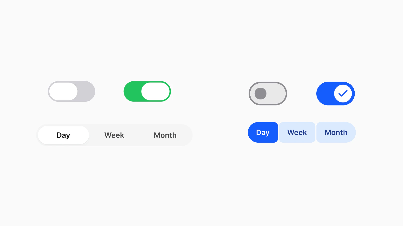 Selection controls from Appetite UI's two mirrors: an iOS switch off and on and a segmented control with Day, Week and Month, beside a Material 3 switch off and on with a check in its handle and a connected button group with the same three choices