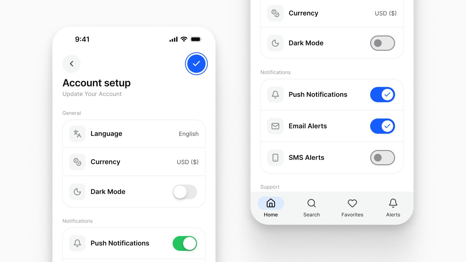 The same account setup screen on both mirrors: on iOS the filled done button at the trailing end of the toolbar is ringed, on Android the lower part of the screen shows Material switches with a check in the handle and the navigation bar