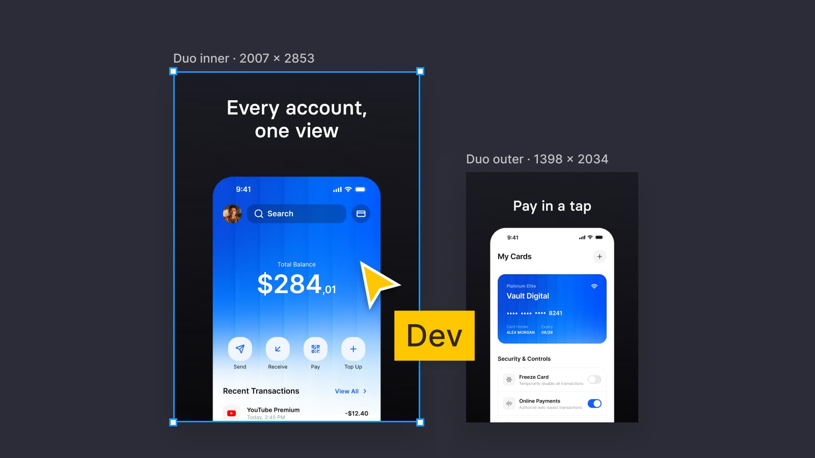 Two App Store frames for iPhone Duo in Figma, labeled Duo inner 2007 × 2853 and Duo outer 1398 × 2034: a Total Balance finance screen under the caption Every account, one view, and a My Cards screen under the caption Pay in a tap
