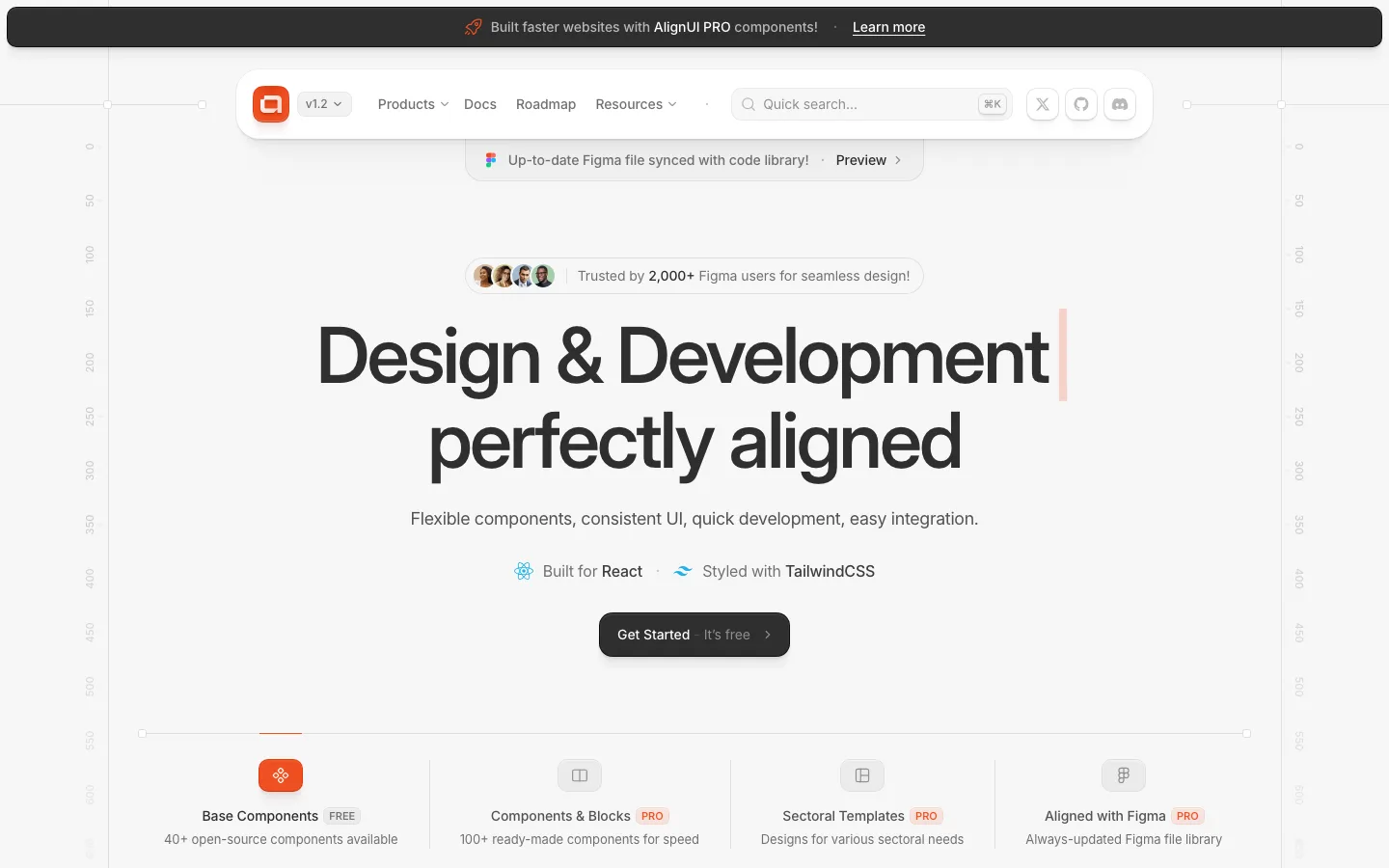 AlignUI's homepage: the headline Design & Development perfectly aligned, with Built for React and Styled with TailwindCSS labels and a Get Started button