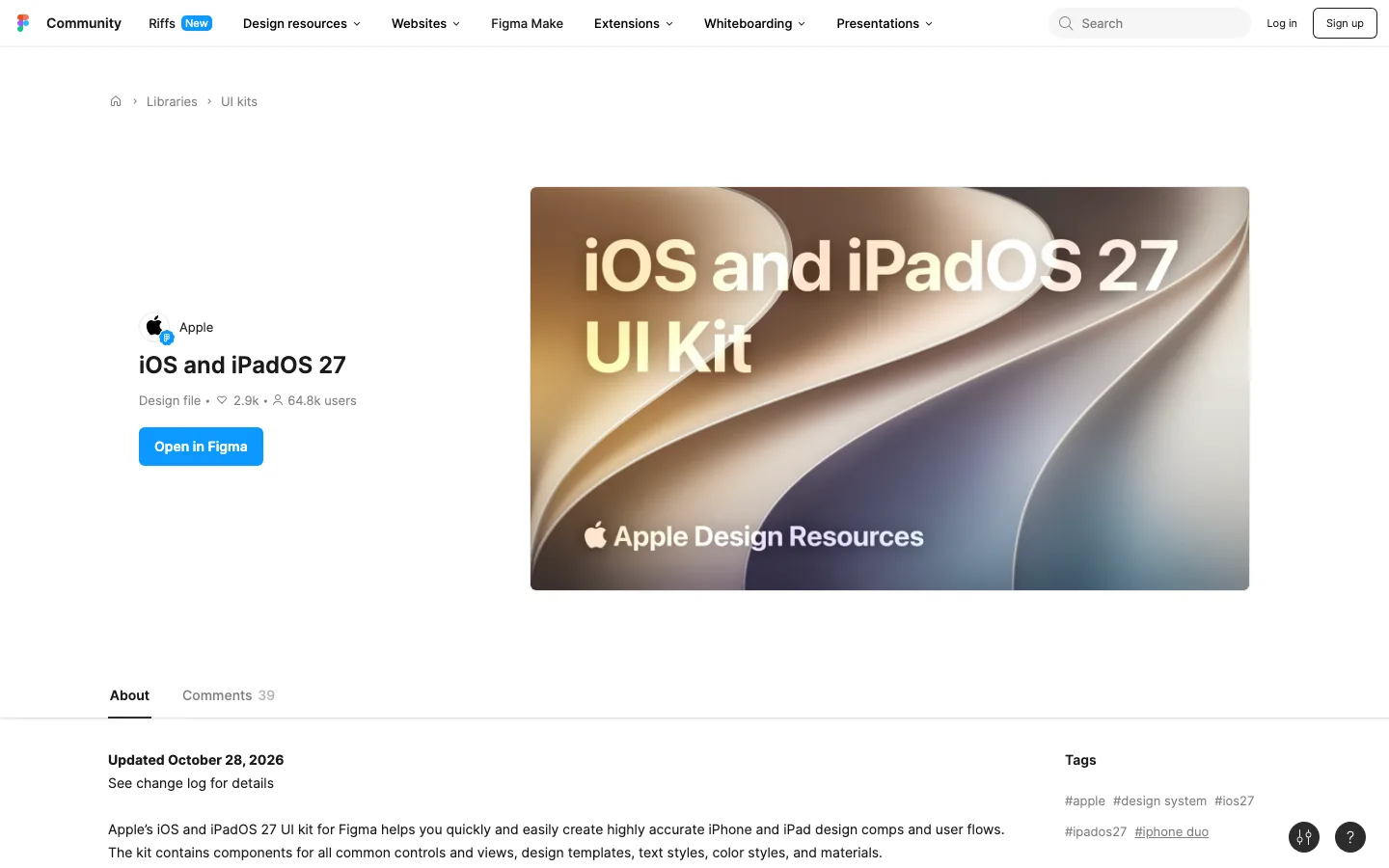 The Figma Community page of Apple's iOS and iPadOS 27 UI kit: its cover reading iOS and iPadOS 27 UI Kit, an Open in Figma button, and the line Updated October 28, 2026 under About