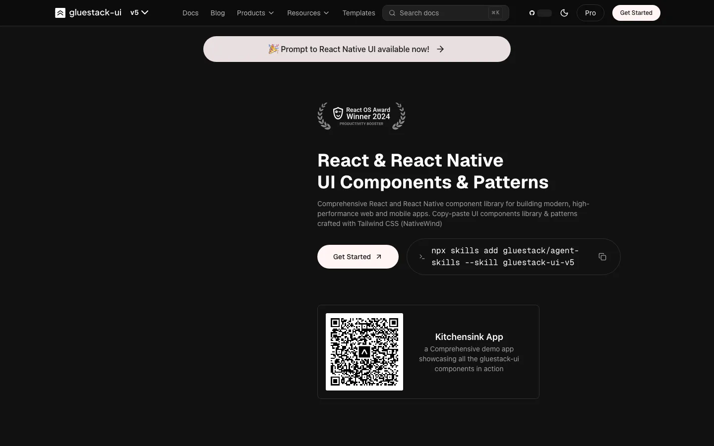 gluestack's homepage in its dark theme: the headline React & React Native UI Components & Patterns, a Get Started button, an install command and a QR code for its Kitchensink demo app