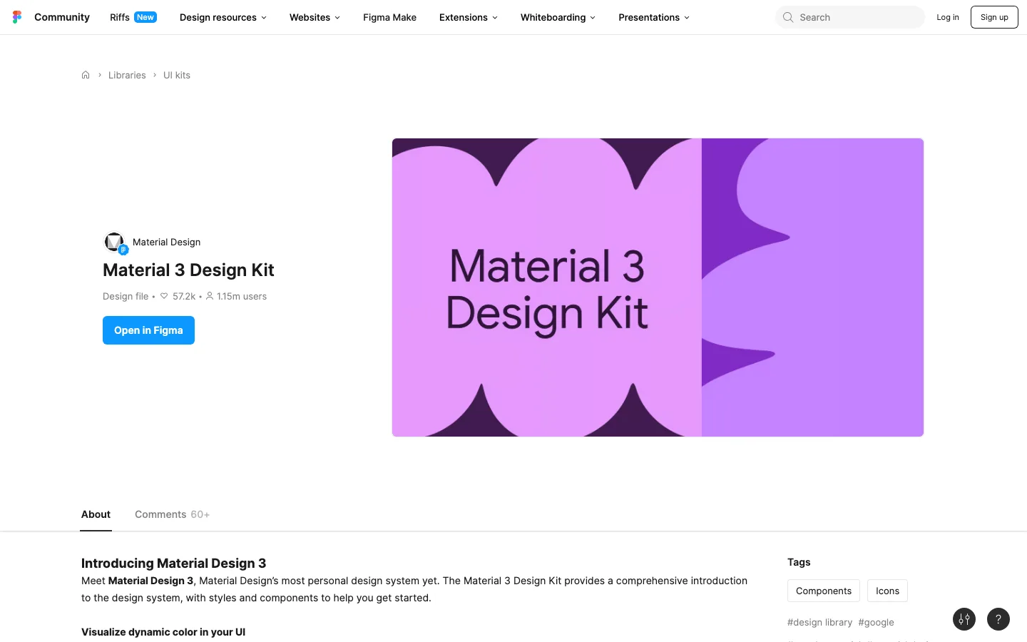 The Figma Community page of Google's Material 3 Design Kit: a purple cover reading Material 3 Design Kit, an Open in Figma button and the kit's introduction under About