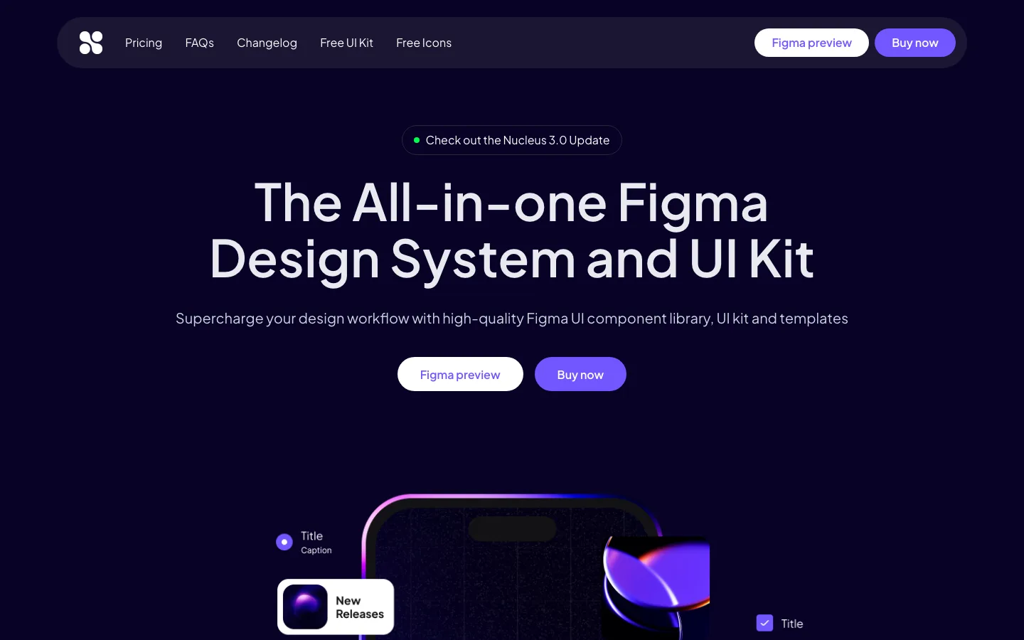Nucleus UI's homepage on a dark background: the headline The All-in-one Figma Design System and UI Kit, with Figma preview and Buy now buttons over a phone mock-up