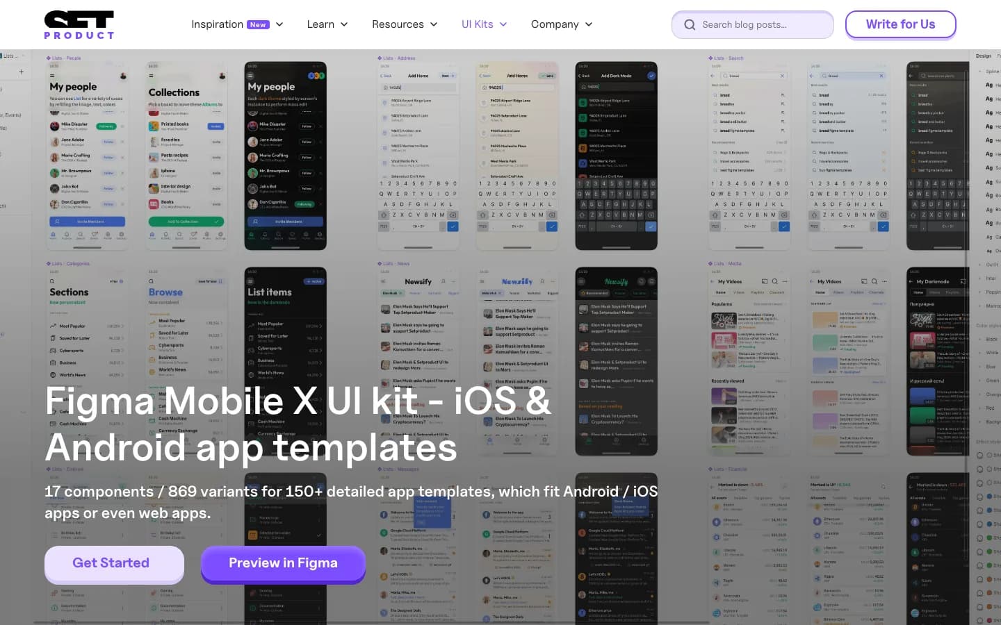 Setproduct's Mobile X page: the headline Figma Mobile X UI kit, iOS & Android app templates, over rows of dimmed app screens in light and dark, with Get Started and Preview in Figma buttons