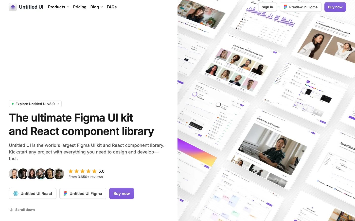Untitled UI's homepage: the headline The ultimate Figma UI kit and React component library beside a collage of web page layouts, with Untitled UI React, Untitled UI Figma and Buy now buttons