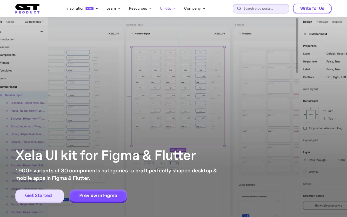 Setproduct's Xela UI page: the headline Xela UI kit for Figma & Flutter over a dimmed Figma canvas of form components, with Get Started and Preview in Figma buttons