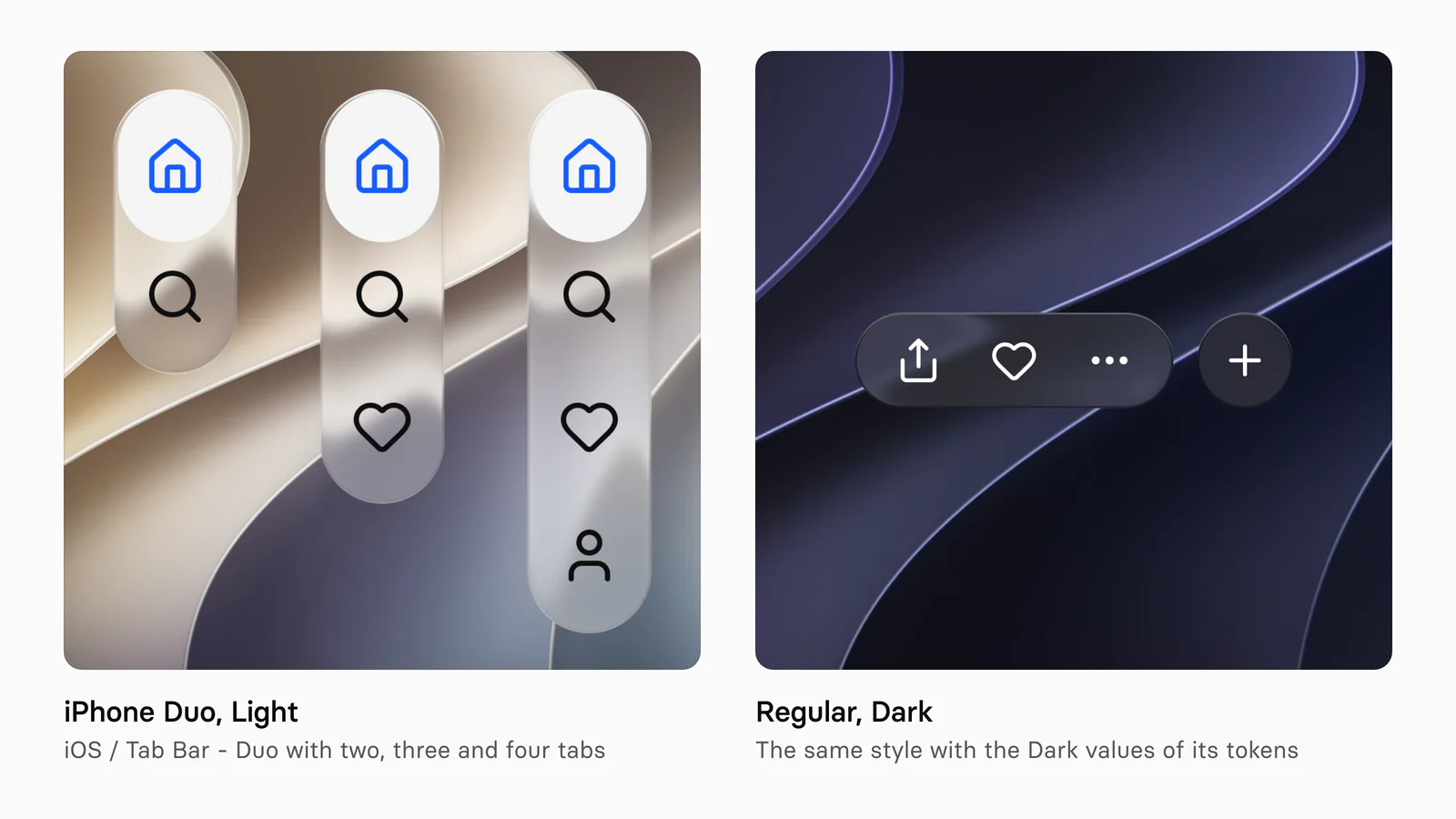 Left, the kit's iPhone Duo tab bars as vertical glass capsules with two, three and four icon tabs over a light wallpaper, the Home tab selected in blue. Right, the Regular glass toolbar and plus button in Dark mode, a smoky dark glass with white glyphs over a dark blue wallpaper