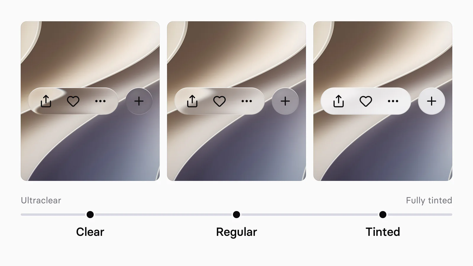 The same glass toolbar with share, heart and more icons and a round plus button, rendered side by side over one abstract wallpaper in the Clear, Regular and Tinted styles of Appetite UI, above a slider that runs from Ultraclear to Fully tinted