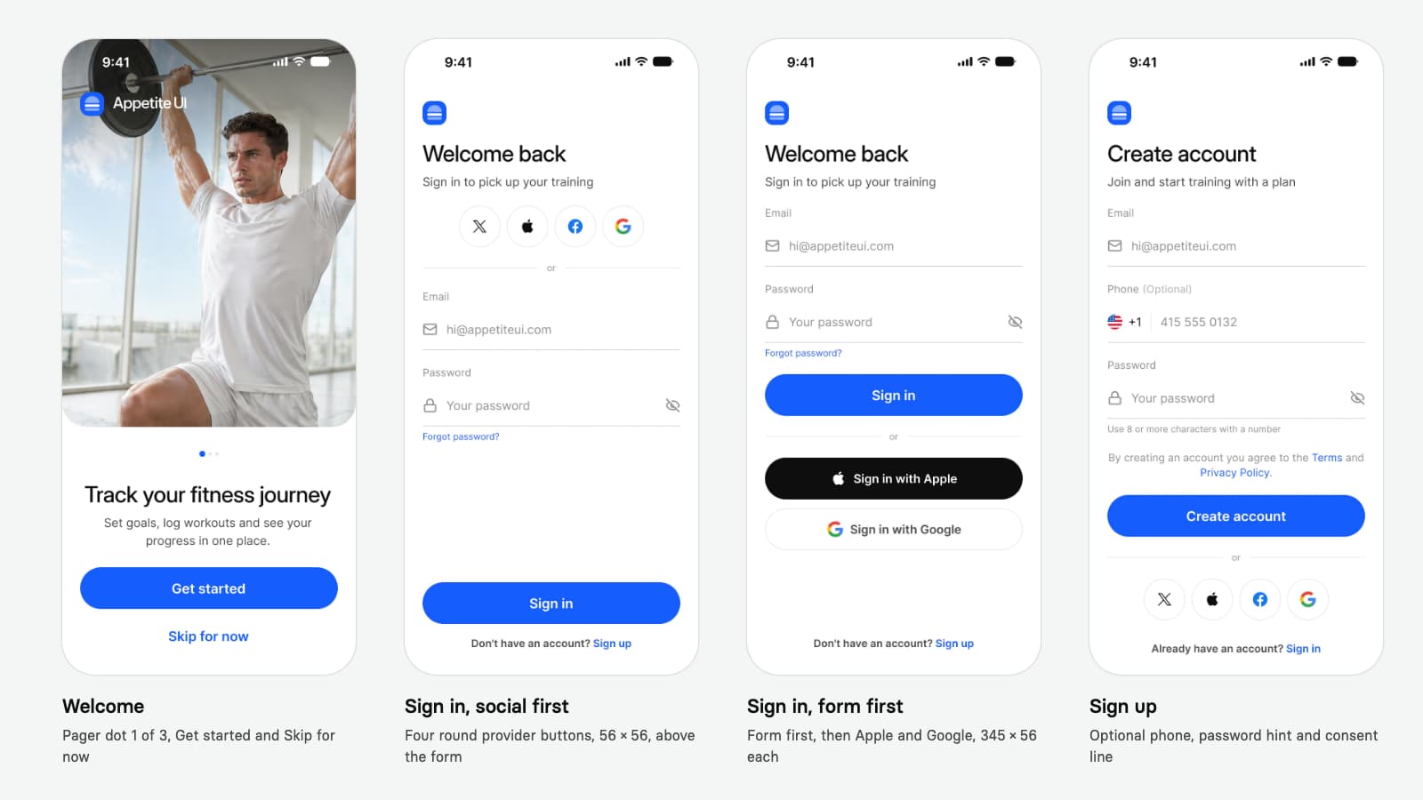 The four light onboarding screens of the Appetite UI file in a row: Welcome with a full bleed photograph, three pager dots, Get started and Skip for now; Sign in with four round provider buttons above the form; Sign in with the form first and wide Apple and Google buttons; and Sign up with an optional phone field, a password hint and a consent line
