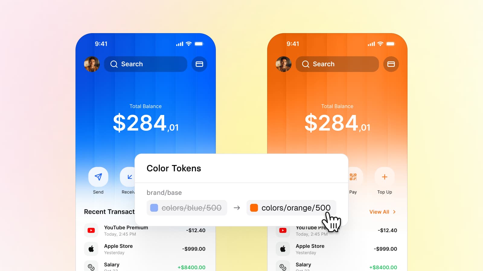 The same Appetite UI finance app in blue and in orange side by side, with a Color Tokens card showing the brand/base variable switching from colors/blue/500 to colors/orange/500