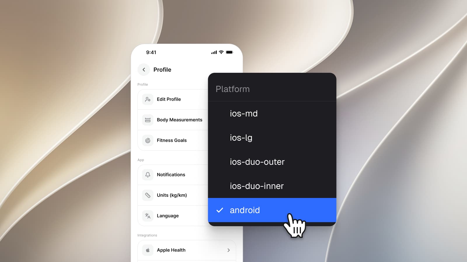 An iOS settings screen with Profile, App and Integrations groups of rows with icon tiles, beside the Platform variable menu open on ios-md, ios-lg, ios-duo-outer, ios-duo-inner and android, with android selected