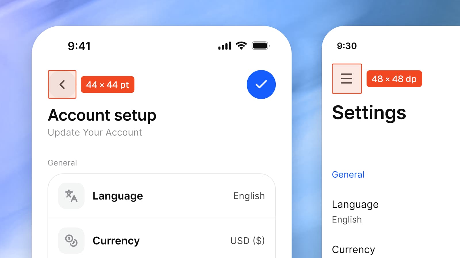 An iOS Account setup screen with its back button boxed and marked 44 × 44 pt, beside a Material 3 Settings screen with its menu button boxed and marked 48 × 48 dp