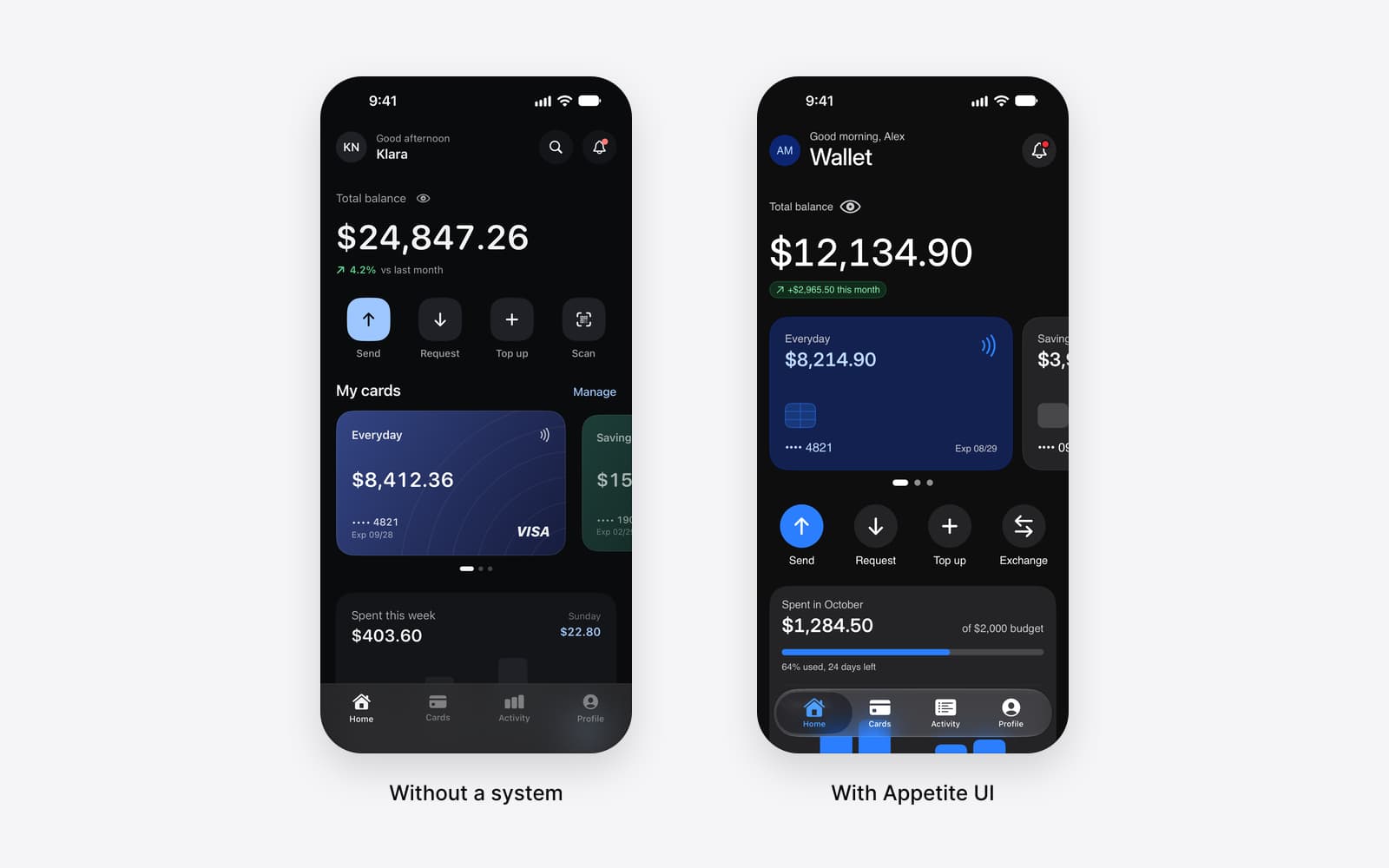 Two wallet home screens in dark mode from the same prompt, built in SwiftUI by the same agent: on the left with nothing but the prompt, typed colors and a navy card with a VISA mark; on the right with the Appetite UI Core Skill and tokens, a dark blue Everyday card and round quick actions with a brand blue Send