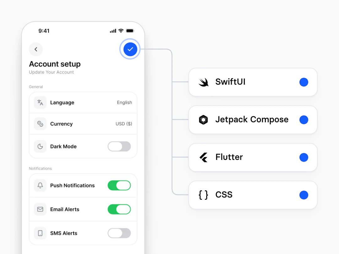 An Appetite UI Account setup screen on iPhone whose blue check button is linked to four outputs of one token source, SwiftUI, Jetpack Compose, Flutter and CSS, each marked with the same blue