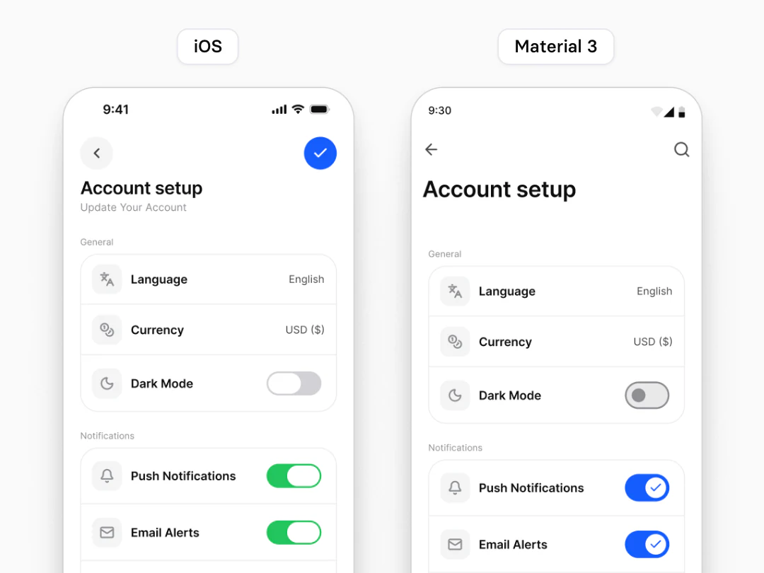 The same Appetite UI Account setup screen as an iOS screen and as a Material 3 screen: on iOS a round back button, a blue check button and green switches, on Material 3 a back arrow, a search icon and blue switches with a check