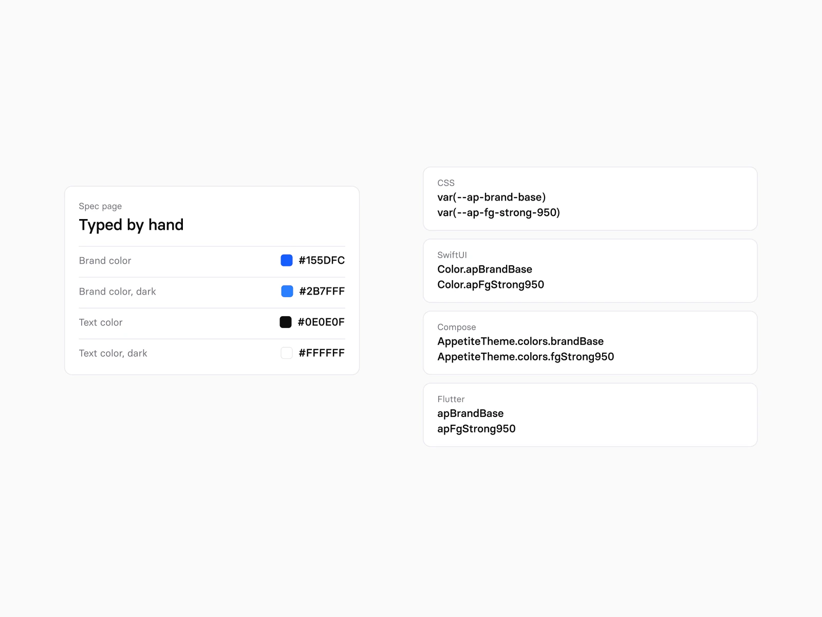 A spec page with four colors typed by hand as hex beside the same brand and text colors as generated token names in CSS, SwiftUI, Compose and Flutter