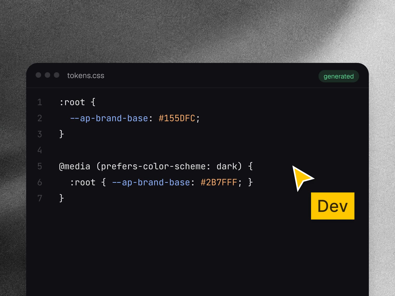 A generated tokens.css file that sets --ap-brand-base to #155DFC and to #2B7FFF when the system prefers dark, with a cursor labeled Dev
