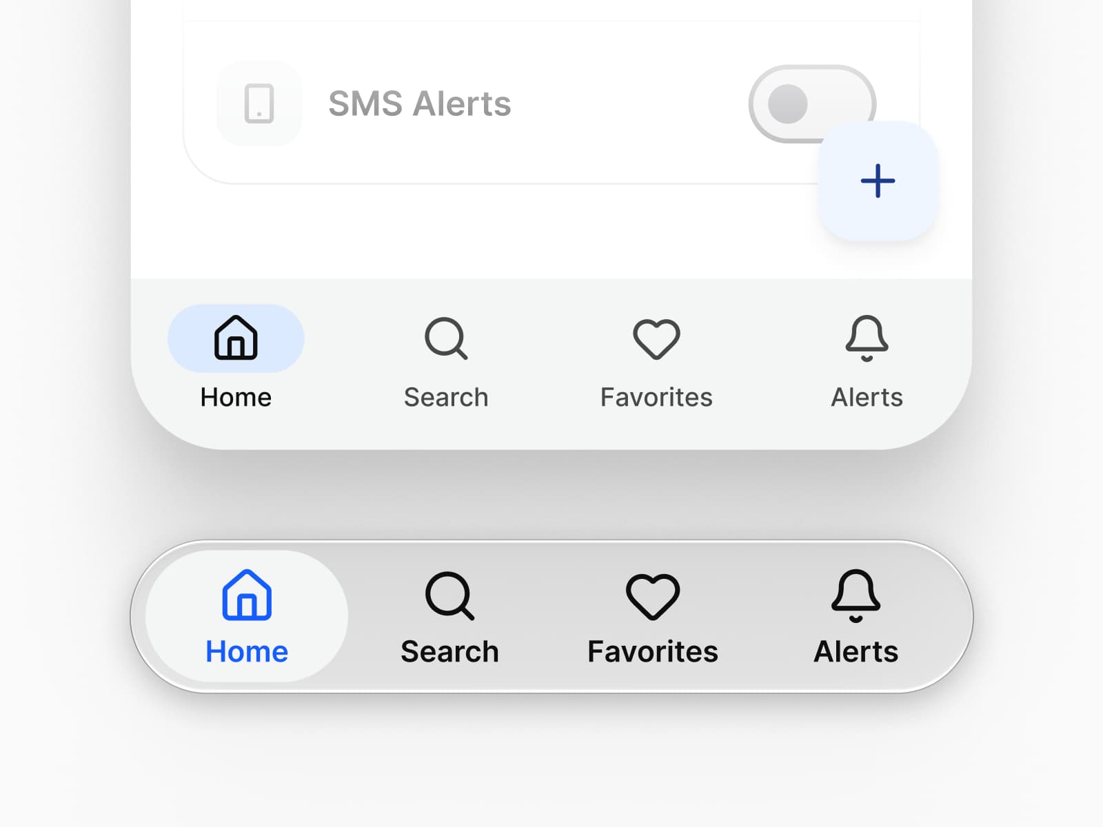 The bottom of one Appetite UI screen on both mirrors in the same blue: the Material 3 navigation bar with a floating action button above it, and the iOS tab bar floating on glass