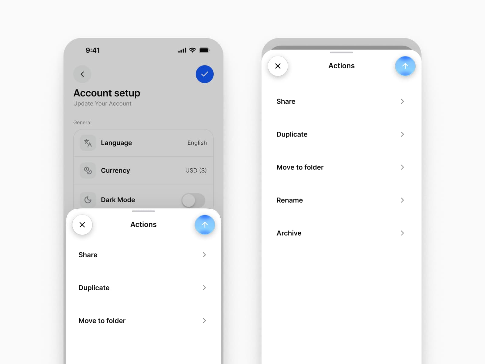 An Appetite UI Actions sheet on iPhone at its medium detent over a dimmed settings screen, and at its large detent with the screen behind it stepping back