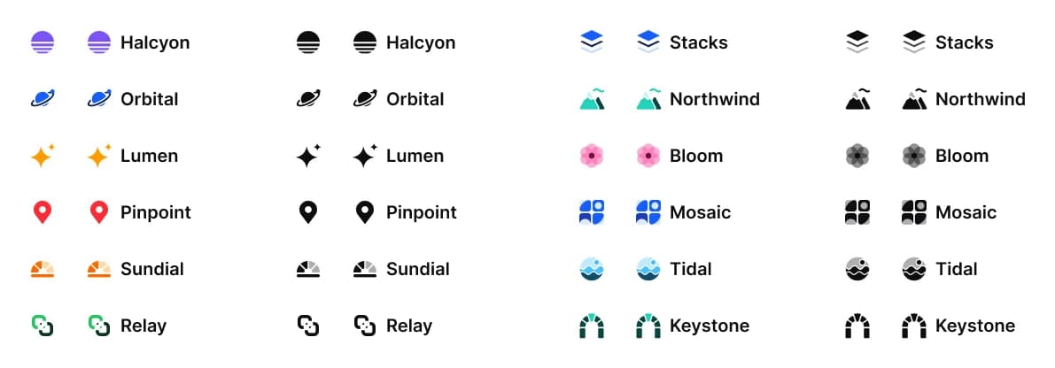 Twelve placeholder companies, each drawn as a symbol and as a lockup with its name, in color on the left and in black mono on the right: Halcyon, Orbital, Lumen, Pinpoint, Sundial, Relay, Stacks, Northwind, Bloom, Mosaic, Tidal and Keystone.
